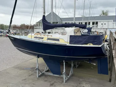zeiljacht op bok in jachthaven