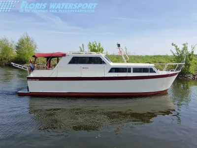 motorjacht op water met oever op achtergrond