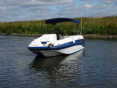 bowrider op het water bij oever