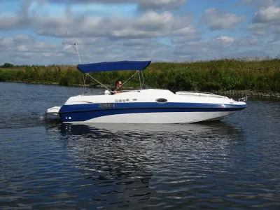 wit-blauwe boot op kanaal bij graswal