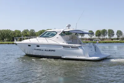 wit motorjacht op rustig water