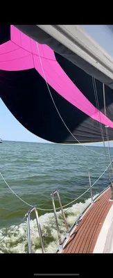 deel van zeiljacht met roze en zwarte spinnaker
