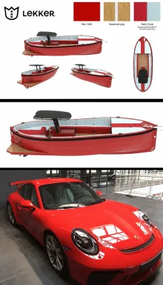 rode aluminium boot met auto en renders