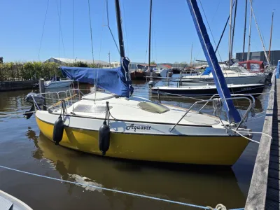 gele zeilboot afgemeerd in jachthaven