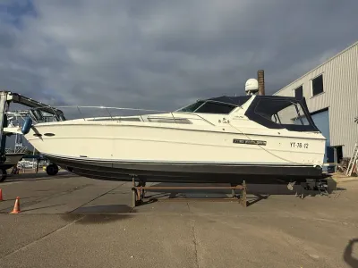 motorjacht op de kant bij werf