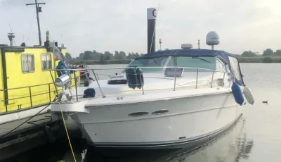 wit motorjacht afgemeerd in haven