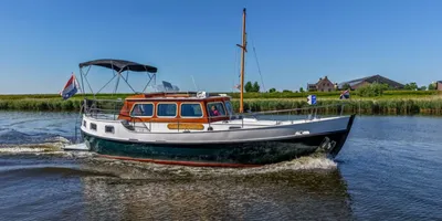 motorjacht op rivier met graswal