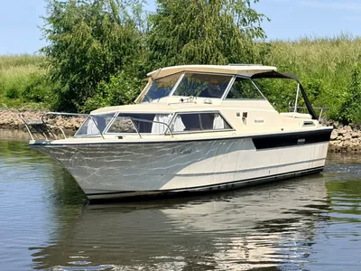 kajuitboot op rustig water met bomen op achtergrond