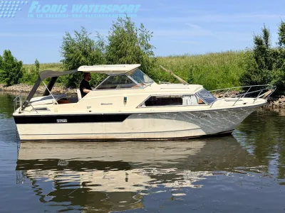 motorboot bij oever met gras en bomen
