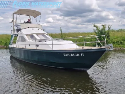 motorjacht op water langs een grasdijk