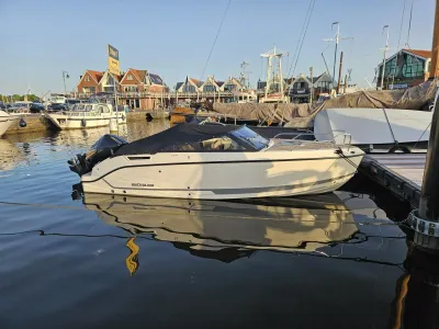 cuddy sportboot afgemeerd in jachthaven