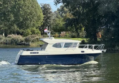 motorboot varend langs groene oever