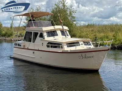 motorjacht in rivier bij rietkraag