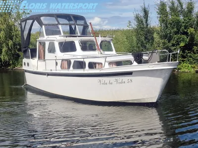 motorjacht op het water bij groene oever