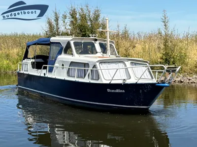 motorboot op rustig water bij oever