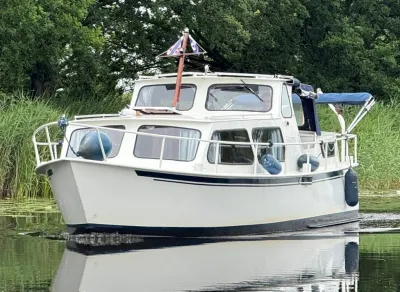 motorboot bij rietkraag in rustig water