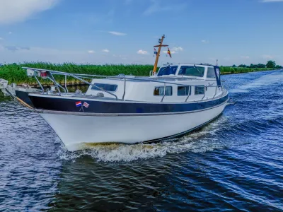 motorjacht in vaart bij riet en water