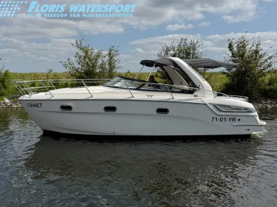 wit motorjacht op water met bomen op achtergrond