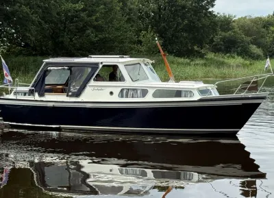 motorjacht op het water bij groene oever