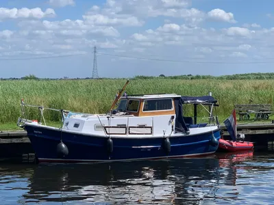 motorjacht afgemeerd bij riet