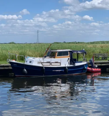 motorjacht afgemeerd bij riet