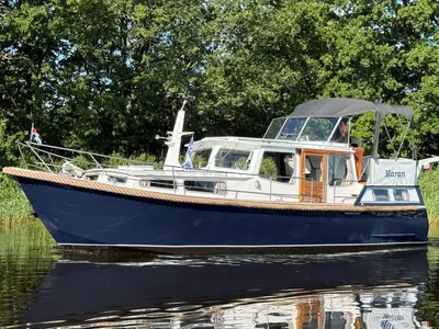 motorkruiser op water langs groene oever