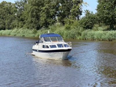 motorjacht op rivier met riet en bomen