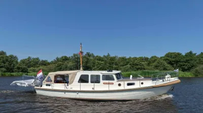 motorjacht op water met groene oever