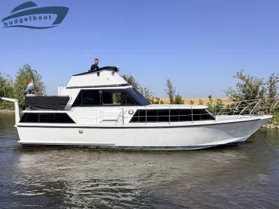 wit motorjacht op rivier bij oever