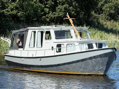 motorvlet op water met riet en bomen