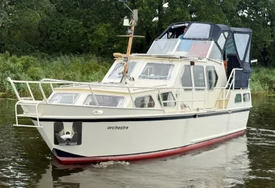 motorjacht op water bij groene oever