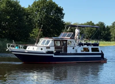 motorkruiser op het water bij groene oever