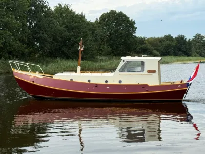 motorschouw op rustig water bij rietoevers