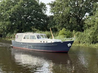 blauw-wit motorjacht op kanaal bij oever