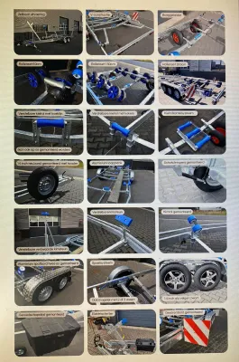collage met trailer en onderdelen