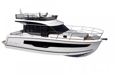 wit motorjacht met flybridge op witte achtergrond
