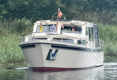 motorboot bij rietkraag op rustig water