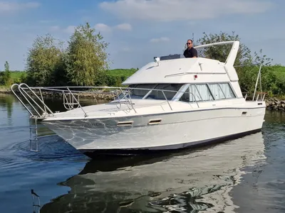 wit motorjacht in het water bij de oever
