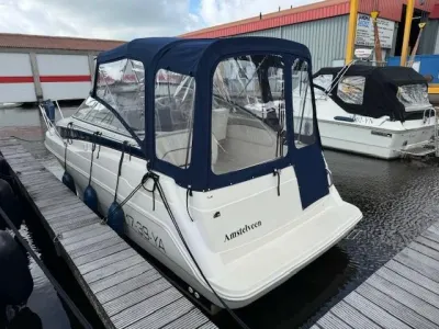 sportcruiser afgemeerd bij steiger met kap