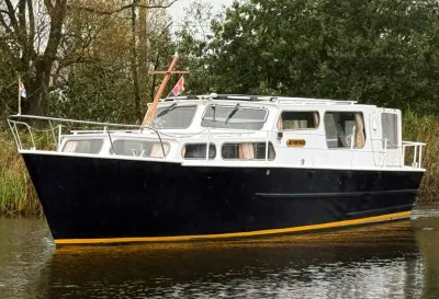 salonkruiser in het water bij oever